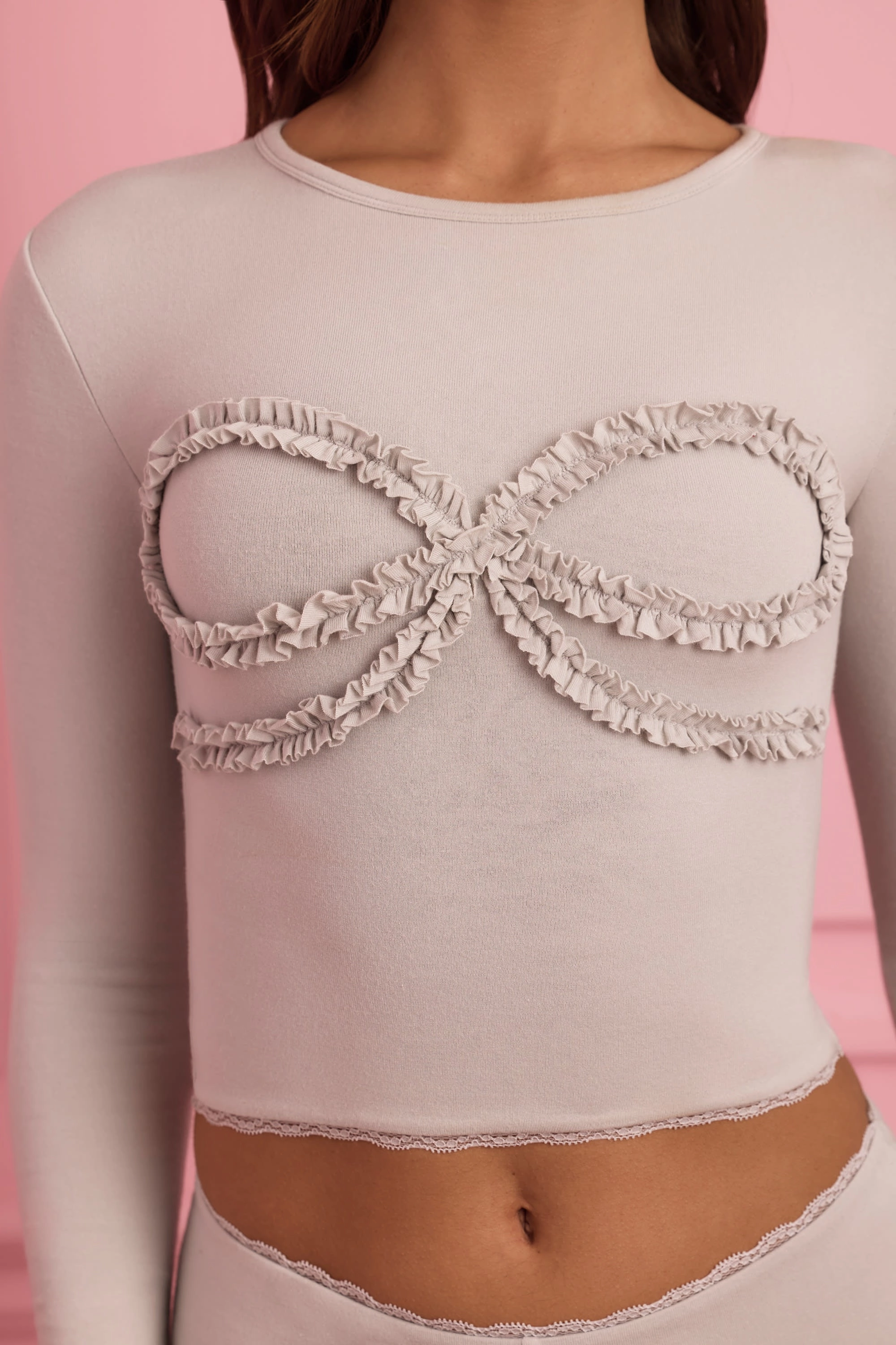 Lace-Trim Appliqu Pyjama Top in Cloud Grey
