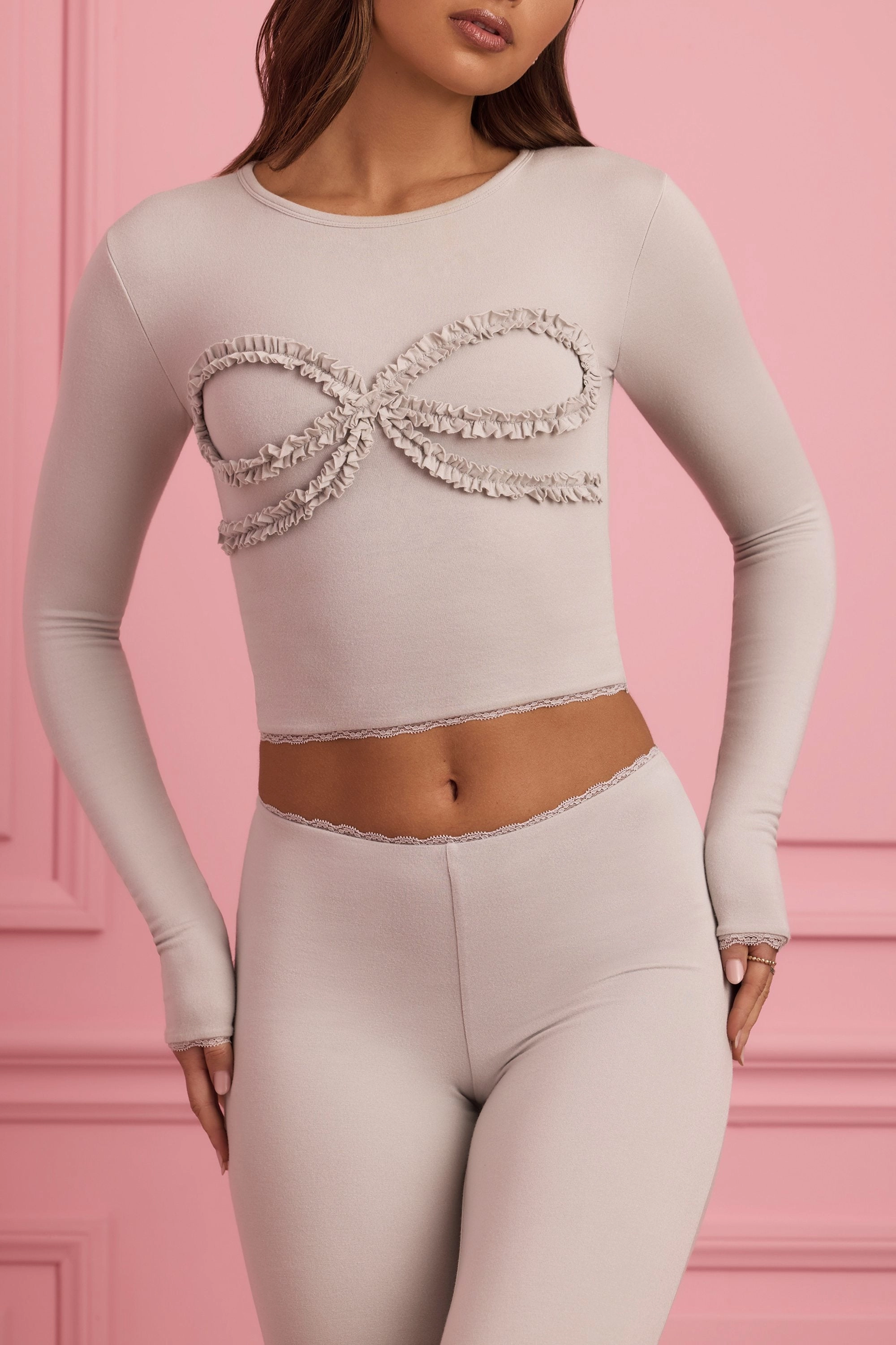 Lace-Trim Appliqu Pyjama Top in Cloud Grey