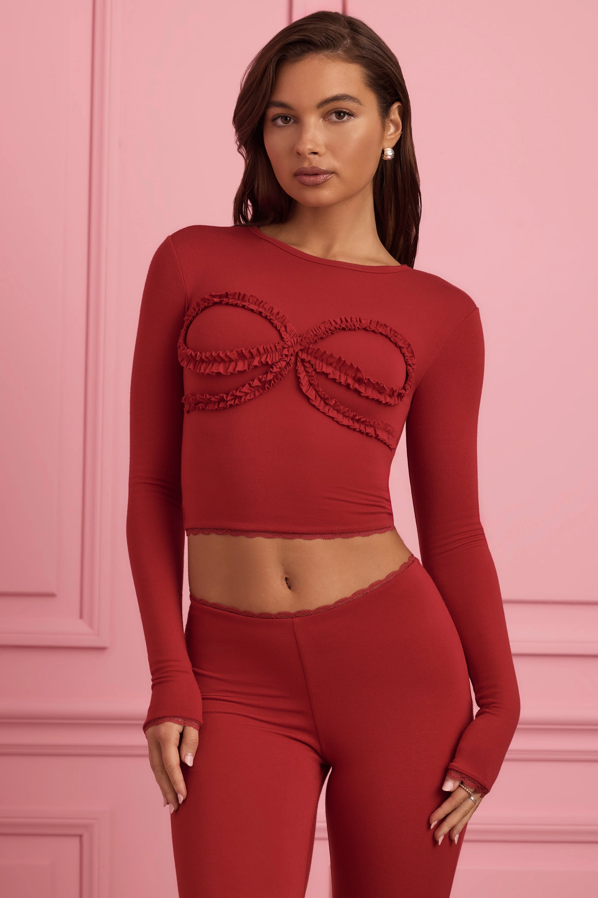 Lace-Trim Appliqu Pyjama Top in Ruby Red Tops - basic tees cheap