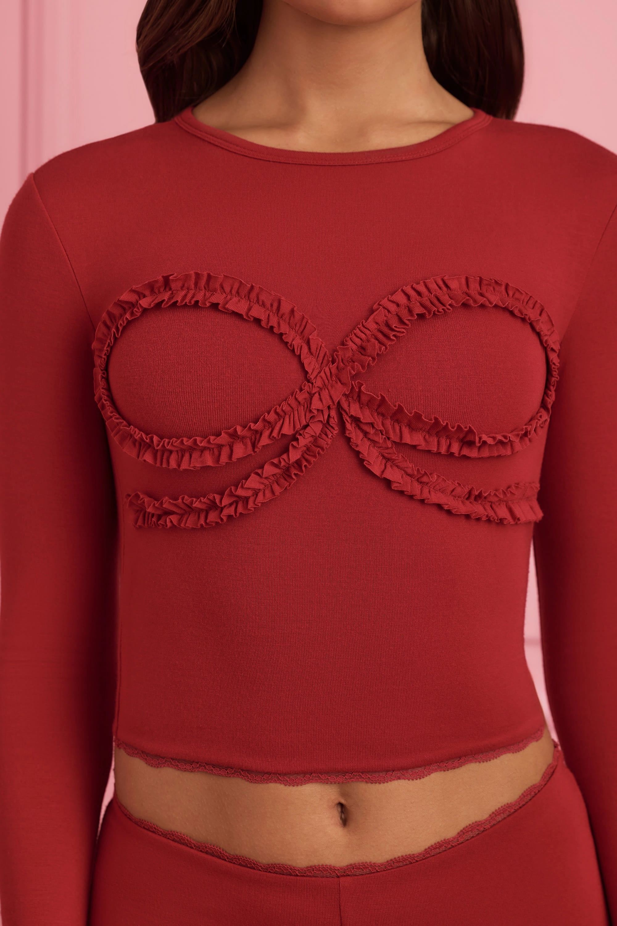 Lace-Trim Appliqu Pyjama Top in Ruby Red