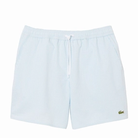 Lacoste Mid Length Striped Textured Swim Trunks White/Light Blue mens shorts outlet store