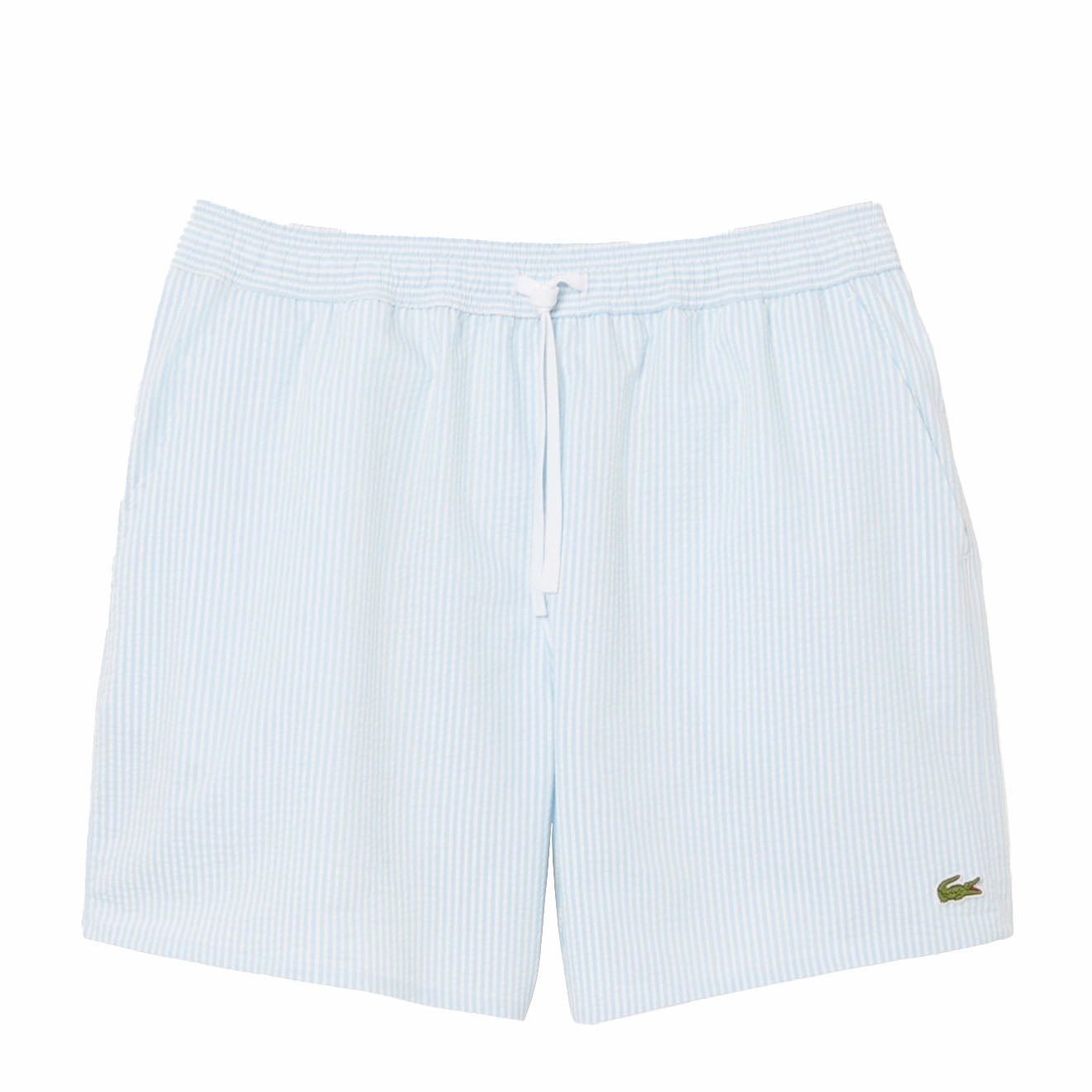 Lacoste Mid Length Striped Textured Swim Trunks White/Light Blue mens shorts outlet store