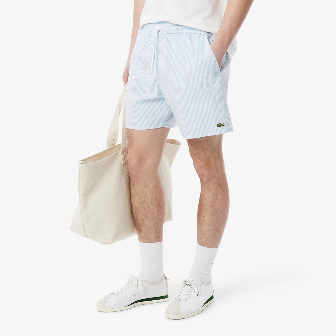 Lacoste Mid Length Striped Textured Swim Trunks White/Light Blue