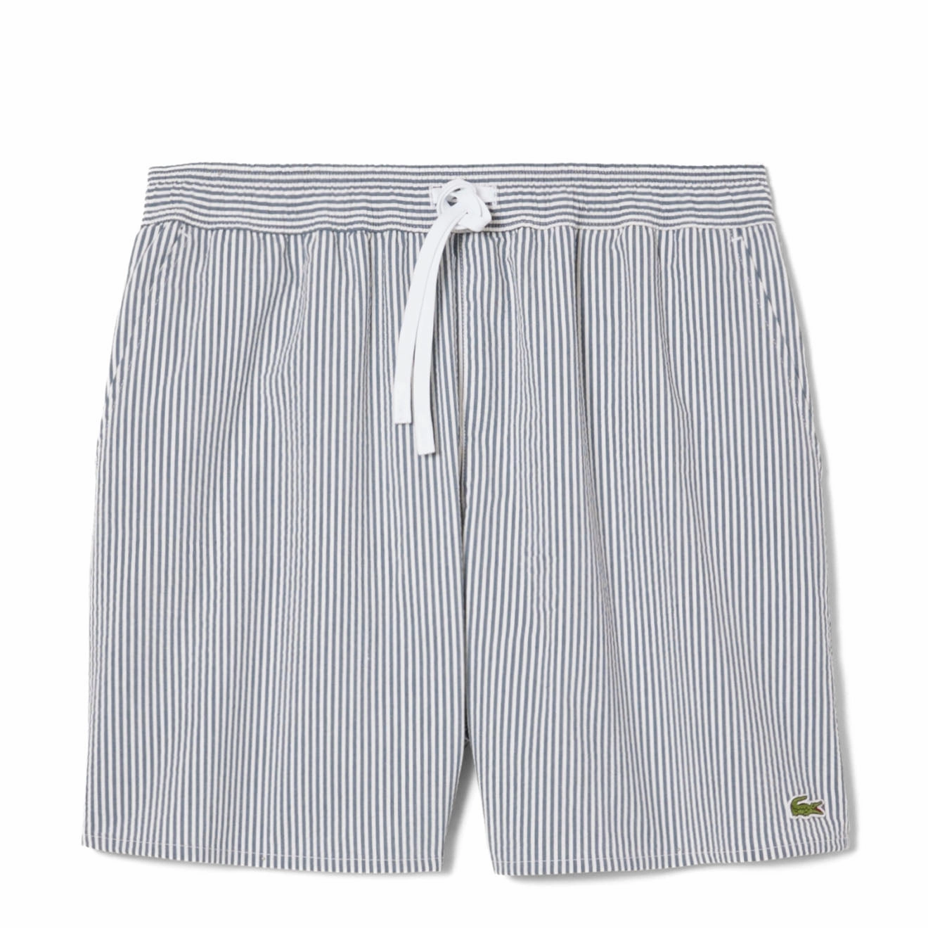 Lacoste Mid Length Striped Textured Swim Trunks White/Navy mens shorts outlet store
