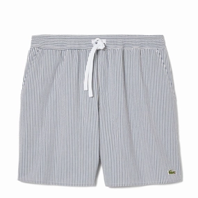 Lacoste Mid Length Striped Textured Swim Trunks White/Navy mens shorts outlet store