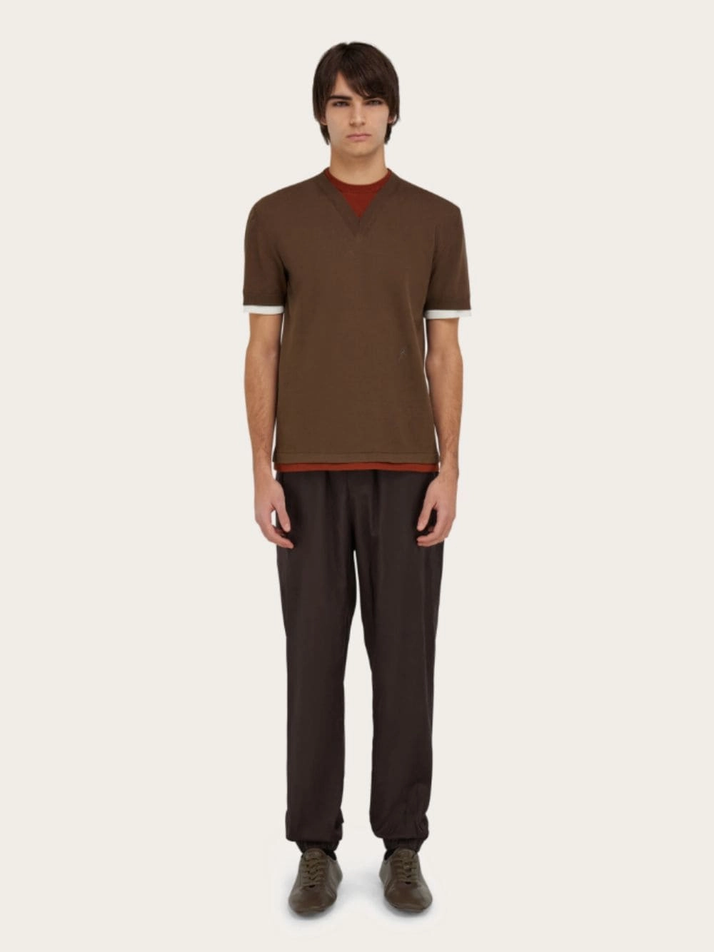 Layered Knitted T-Shirt in Clay, Brick and White Knitwear Mens - men's sweaters sale