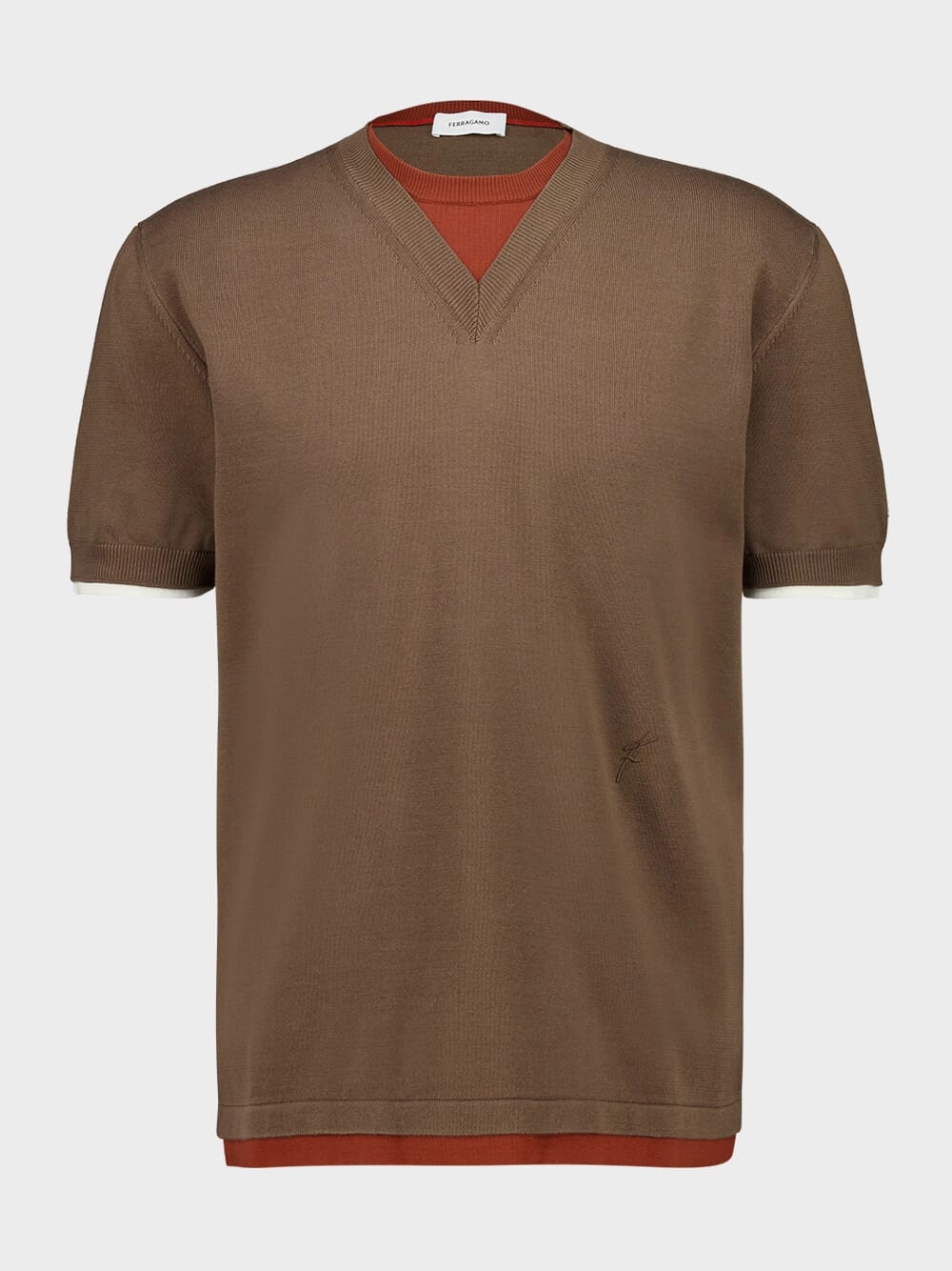 Layered Knitted T-Shirt in Clay, Brick and White