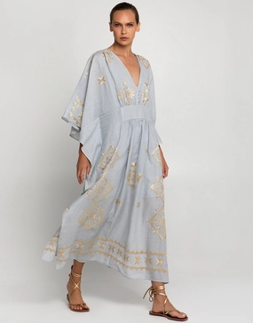 Lefkada Kimono Sleeve Maxi Kaftan - Light Grey and Gold Swim Womens - bikinis clearance