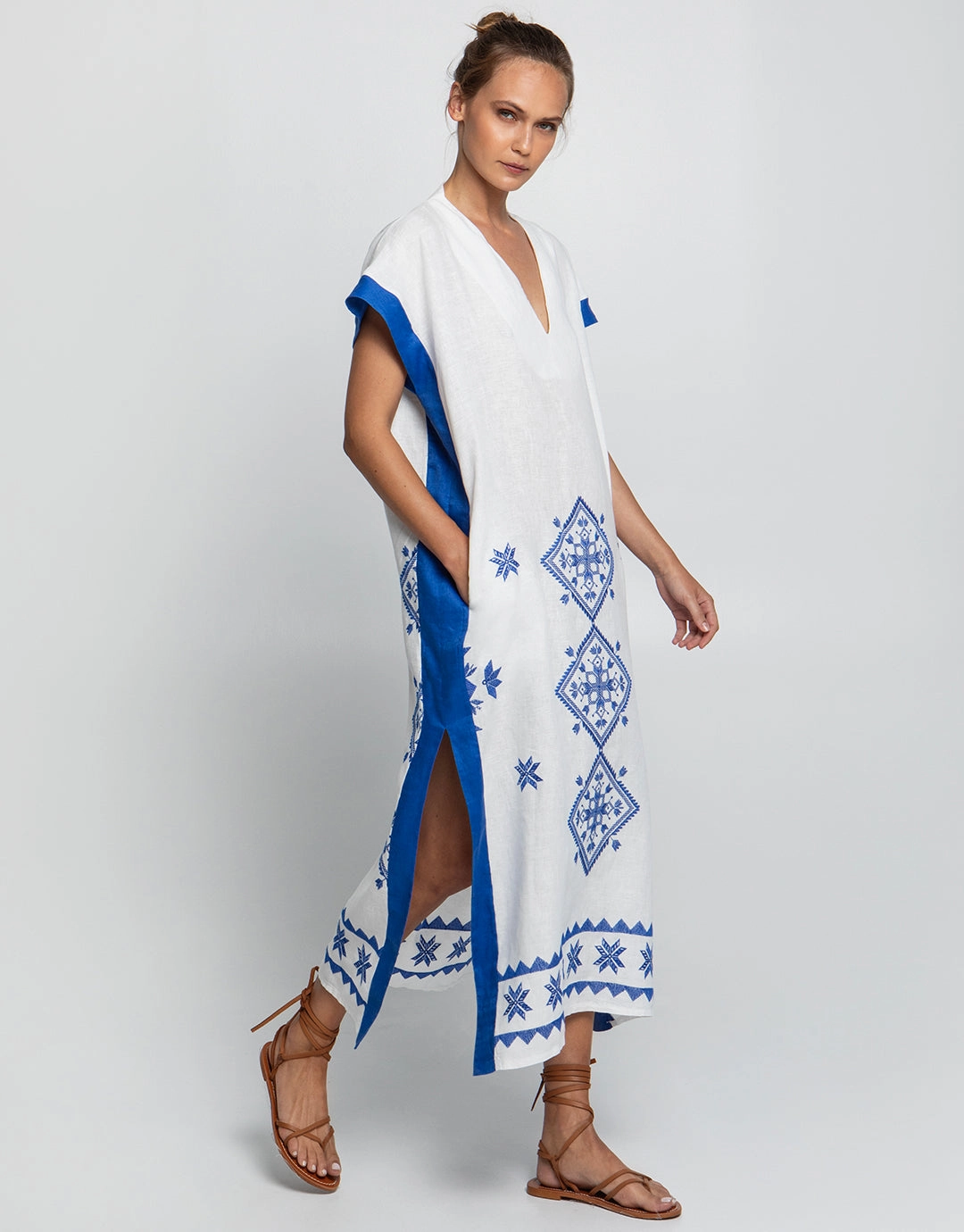Lefkada Midi Kaftan Tunic - White and Blue Swim Womens - bikinis clearance