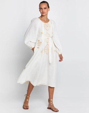 Lefkada Round Neck Midi Kaftan Dress - Natural and Gold Swim Womens - bikinis clearance