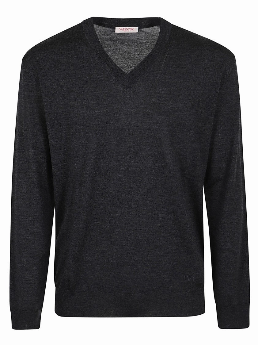 Light Pure Wool Sweater With V-Neck And Ribbed Elastic Profiles