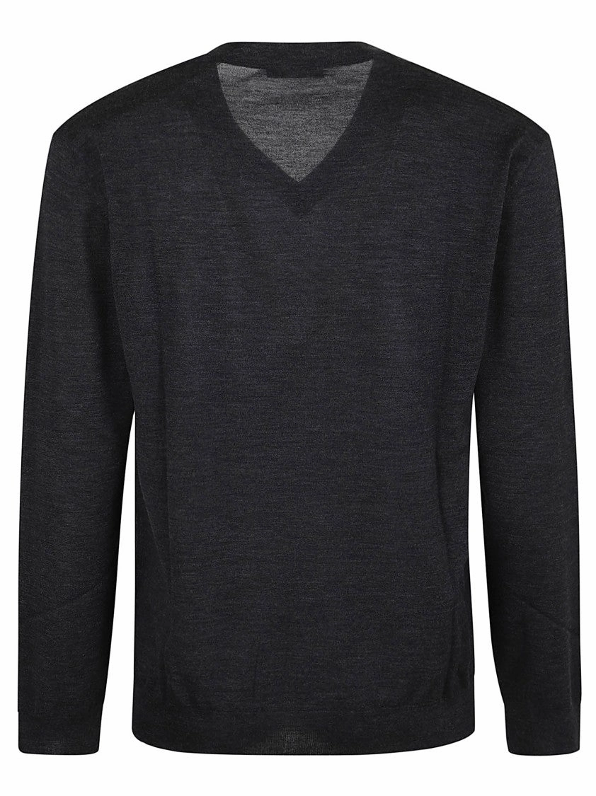 Light Pure Wool Sweater With V-Neck And Ribbed Elastic Profiles