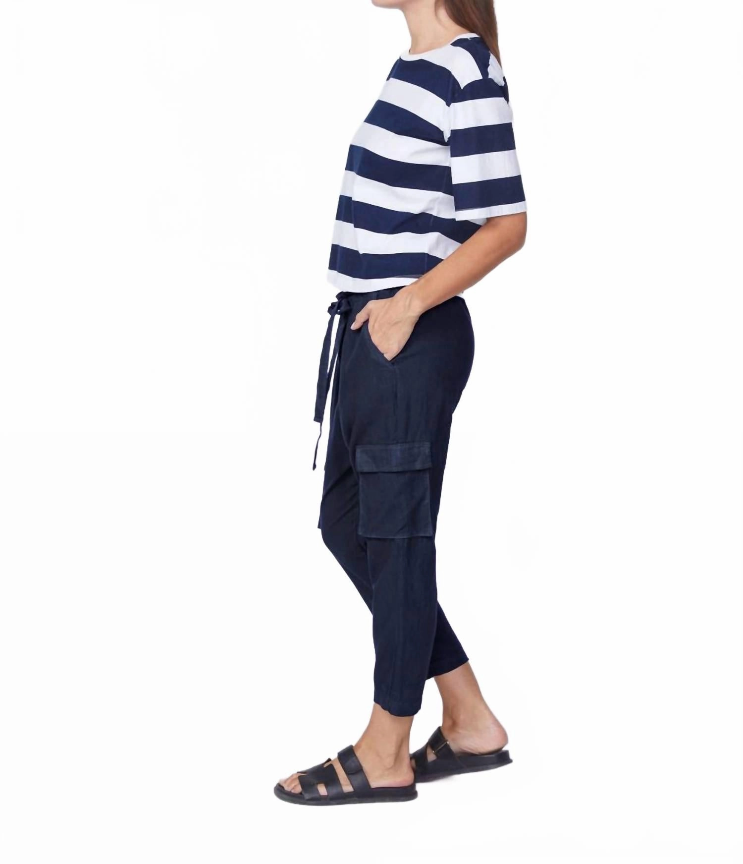 Linen Paperbag Cargo Pant In New Navy