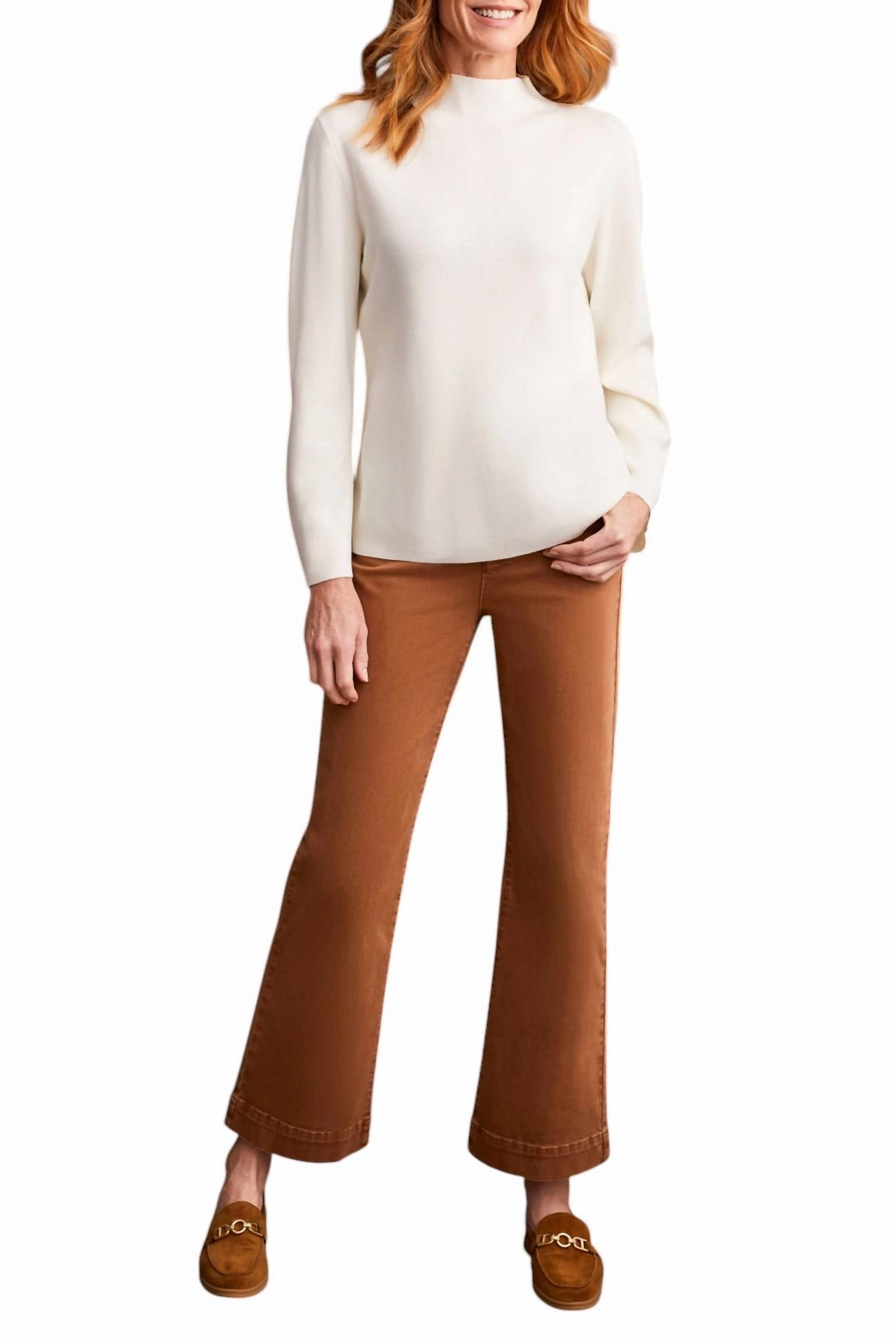 Long Sleeve Funnel Neck Sweater In Cream Tops Womens - embroidered tops sale