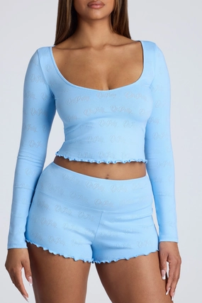 Long Sleeve Scoop Neck Pointelle Crop Top in Baby Blue Tops - basic tees cheap