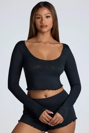 Long Sleeve Scoop Neck Pointelle Crop Top in Black Tops - basic tees cheap
