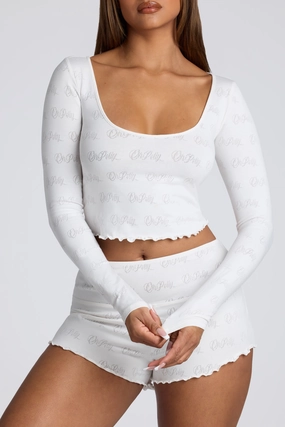 Long Sleeve Scoop Neck Pointelle Crop Top in White Tops - basic tees cheap