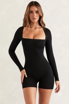 Long Sleeve Square Neck Unitard in Black Tops - basic tees cheap