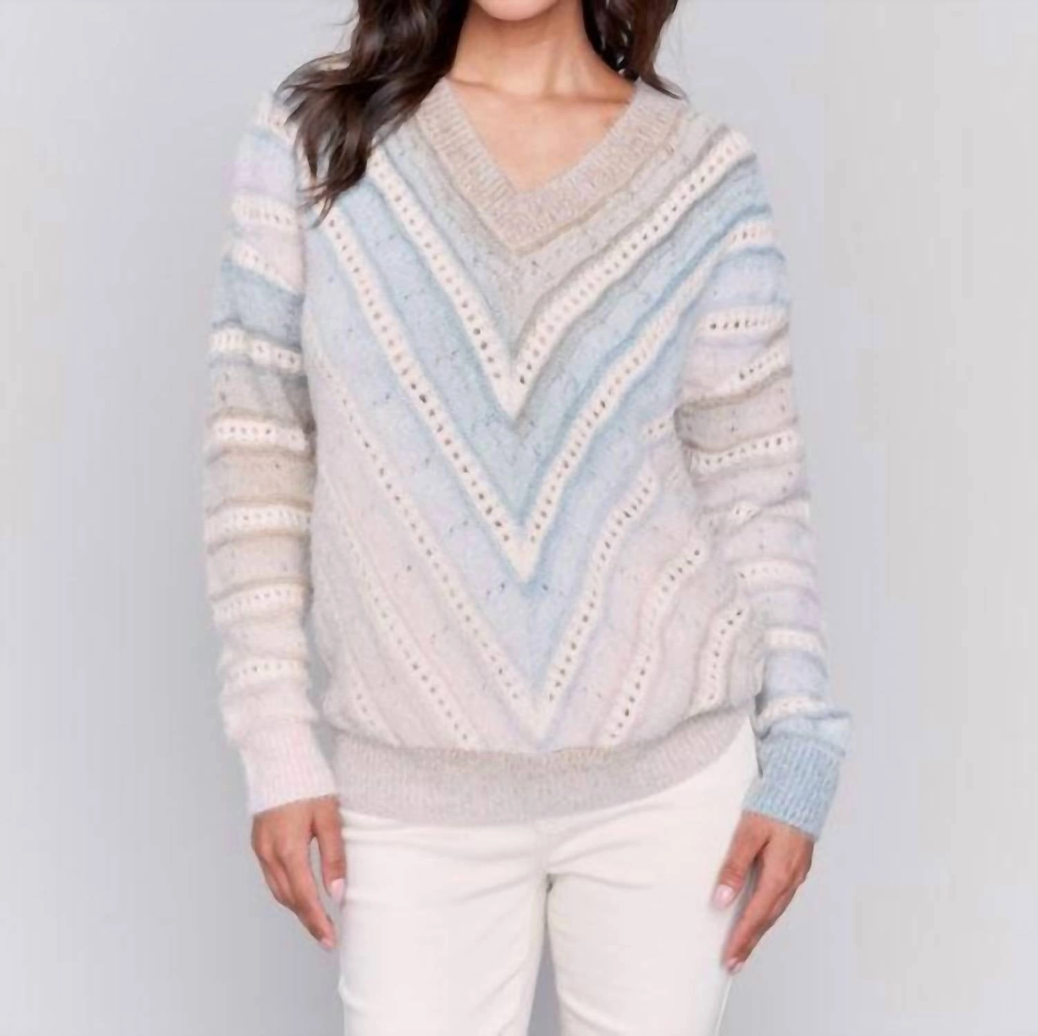 Long Sleeve V-Neck Open Stitch Sweater In Frost Tops Womens - bodysuits clearance
