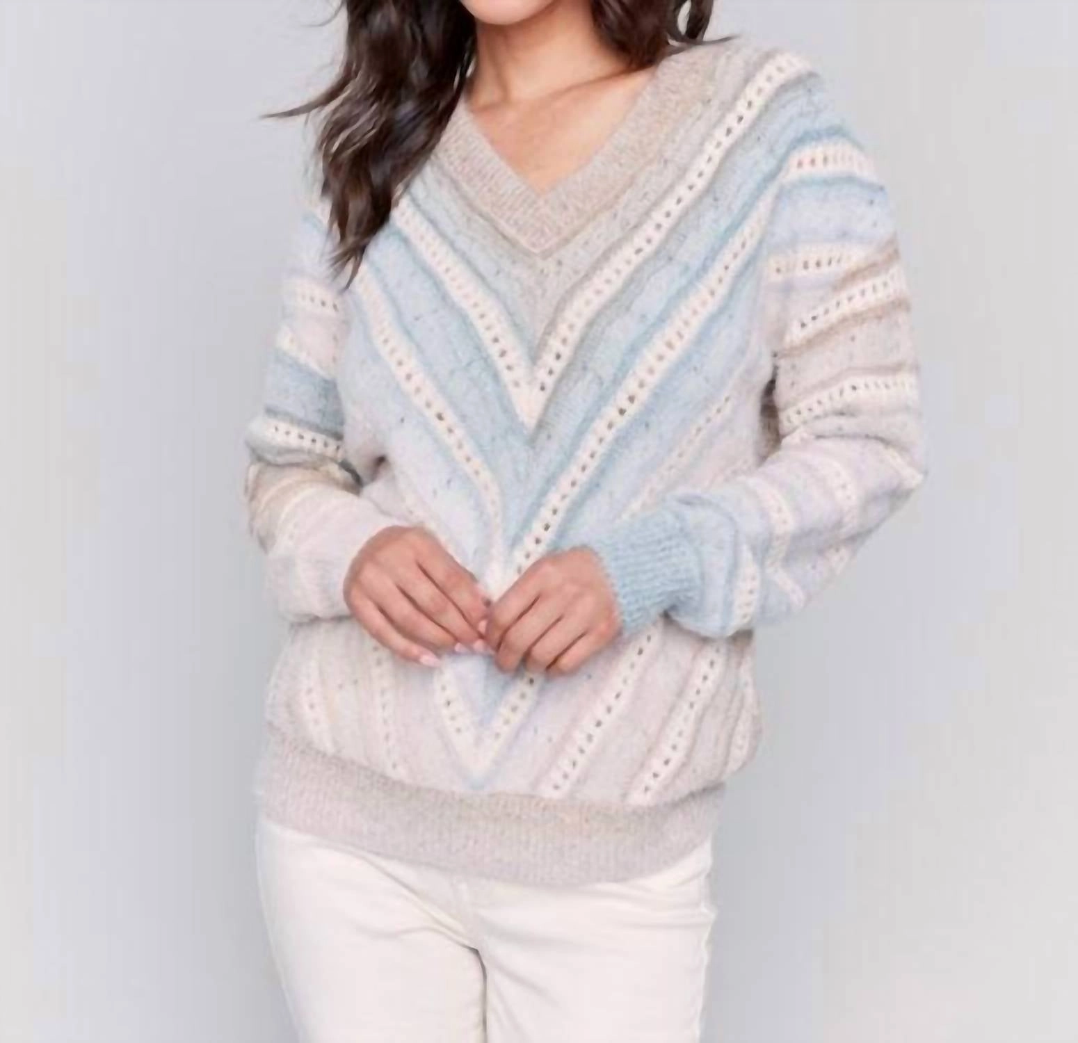Long Sleeve V-Neck Open Stitch Sweater In Frost