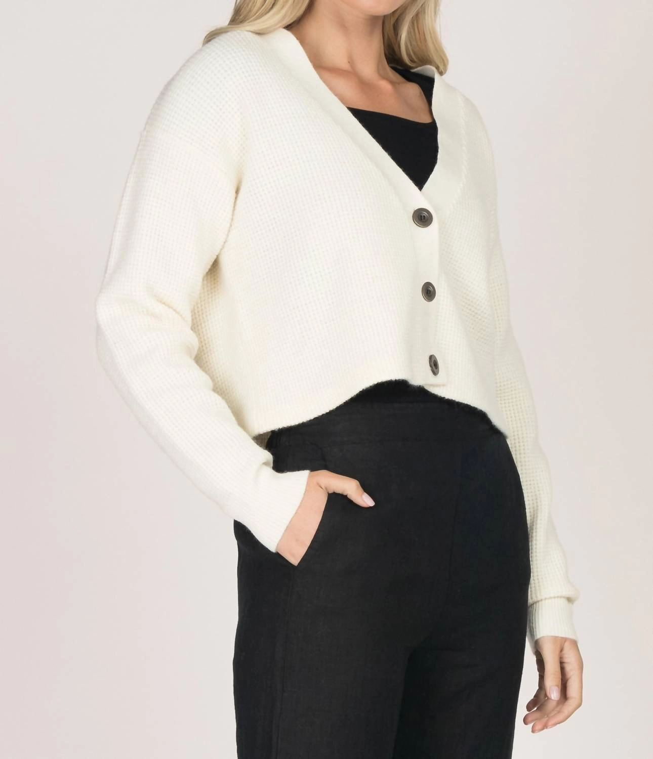 Long Sleeve Waffle Knit Button-Up Cardigan In Ivory