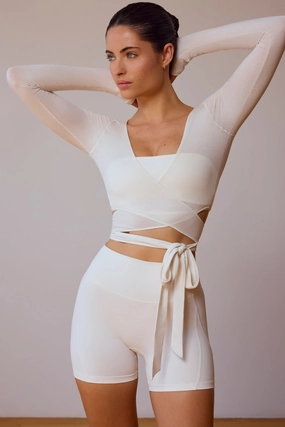 Long-Sleeve Wrap Crop Top in Soft White Tops - tops on sale