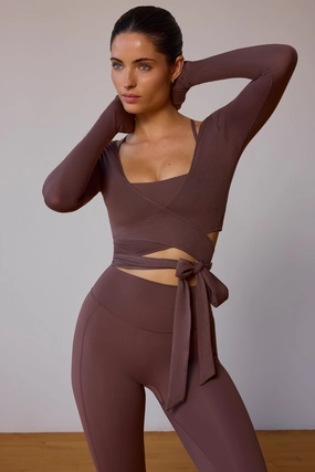 Long-Sleeve Wrap Crop Top in Taupe Brown Tops - basic tees cheap