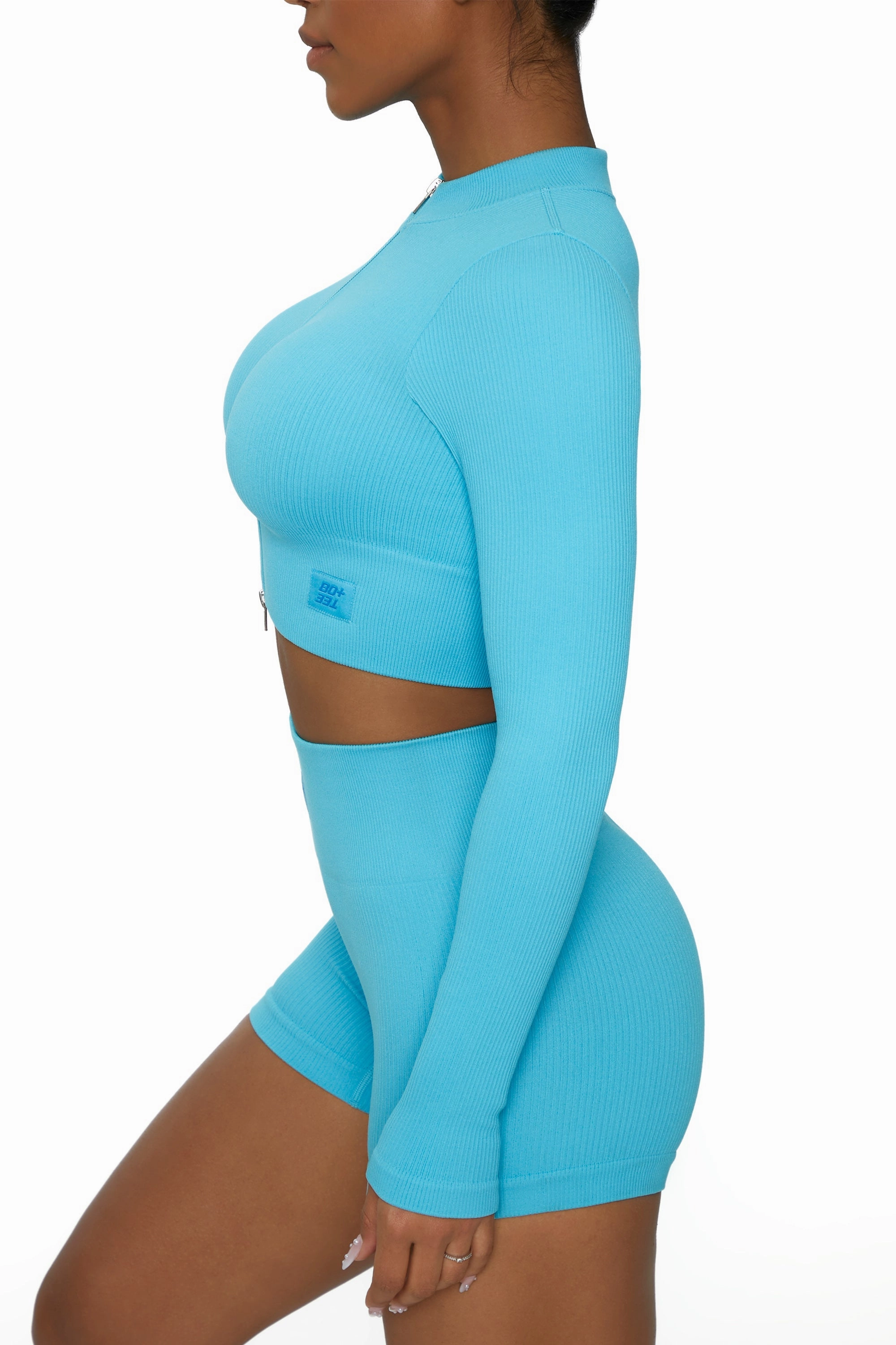 Long Sleeve Zip Crop Top in Blue