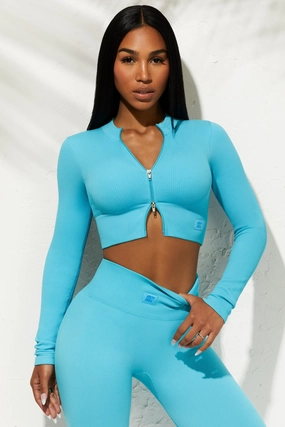 Long Sleeve Zip Crop Top in Blue Tops - tops on sale