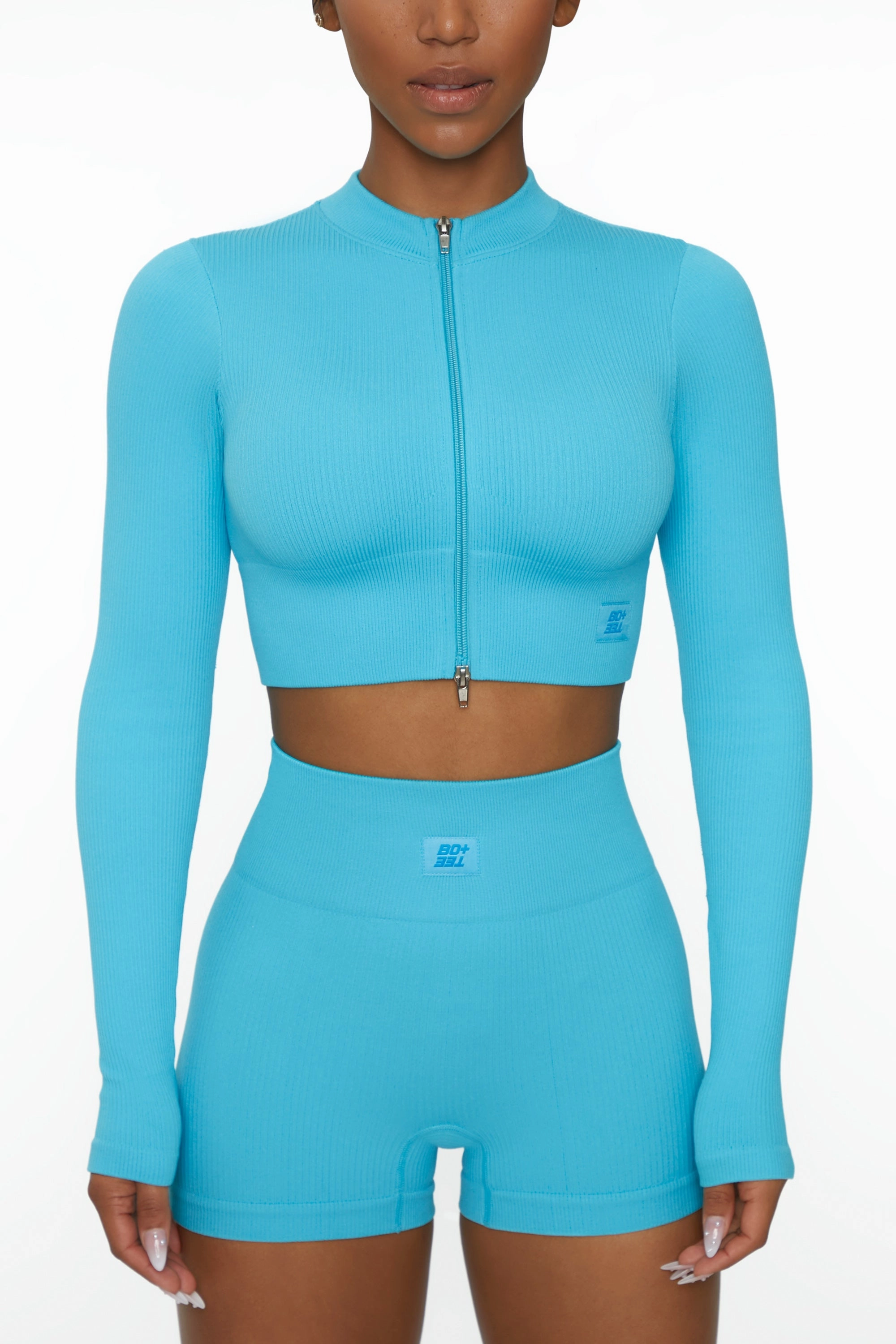 Long Sleeve Zip Crop Top in Blue