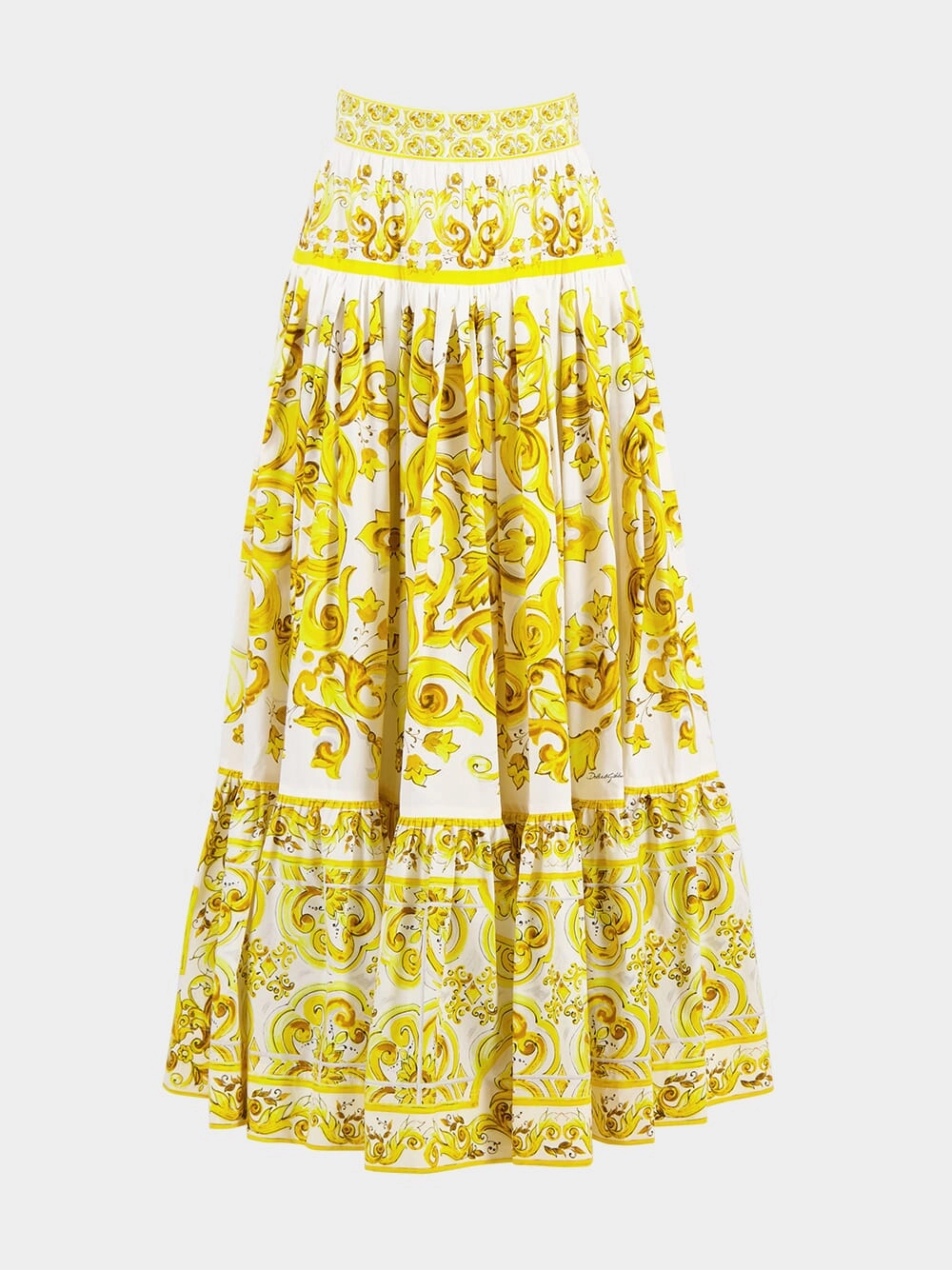 Long Yellow Majolica-Print Poplin Skirt with Ruffles womens slacks clearance