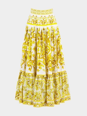 Long Yellow Majolica-Print Poplin Skirt with Ruffles womens slacks clearance