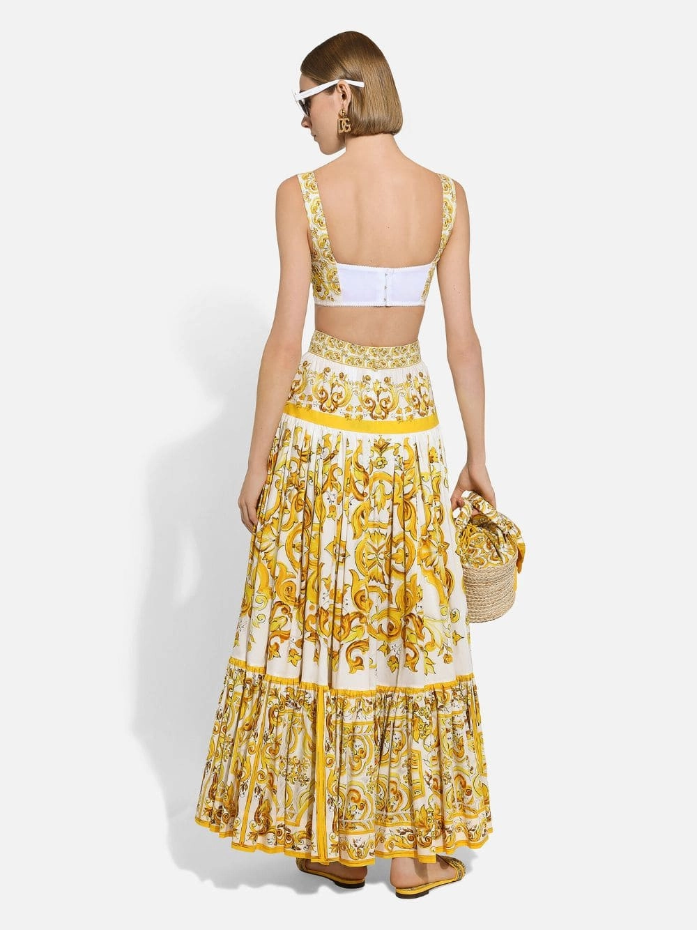 Long Yellow Majolica-Print Poplin Skirt with Ruffles