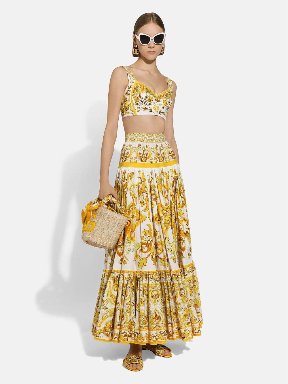 Long Yellow Majolica-Print Poplin Skirt with Ruffles