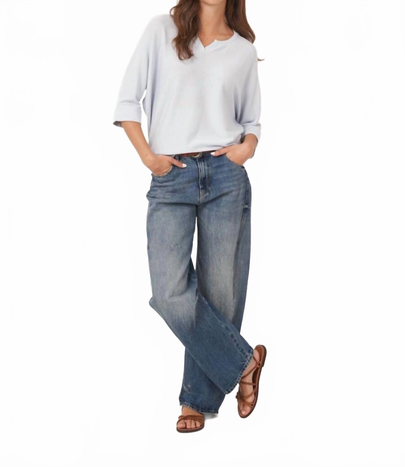 Loose Fit Cotton Blend Fine Knit Batwing Sweater In Wave