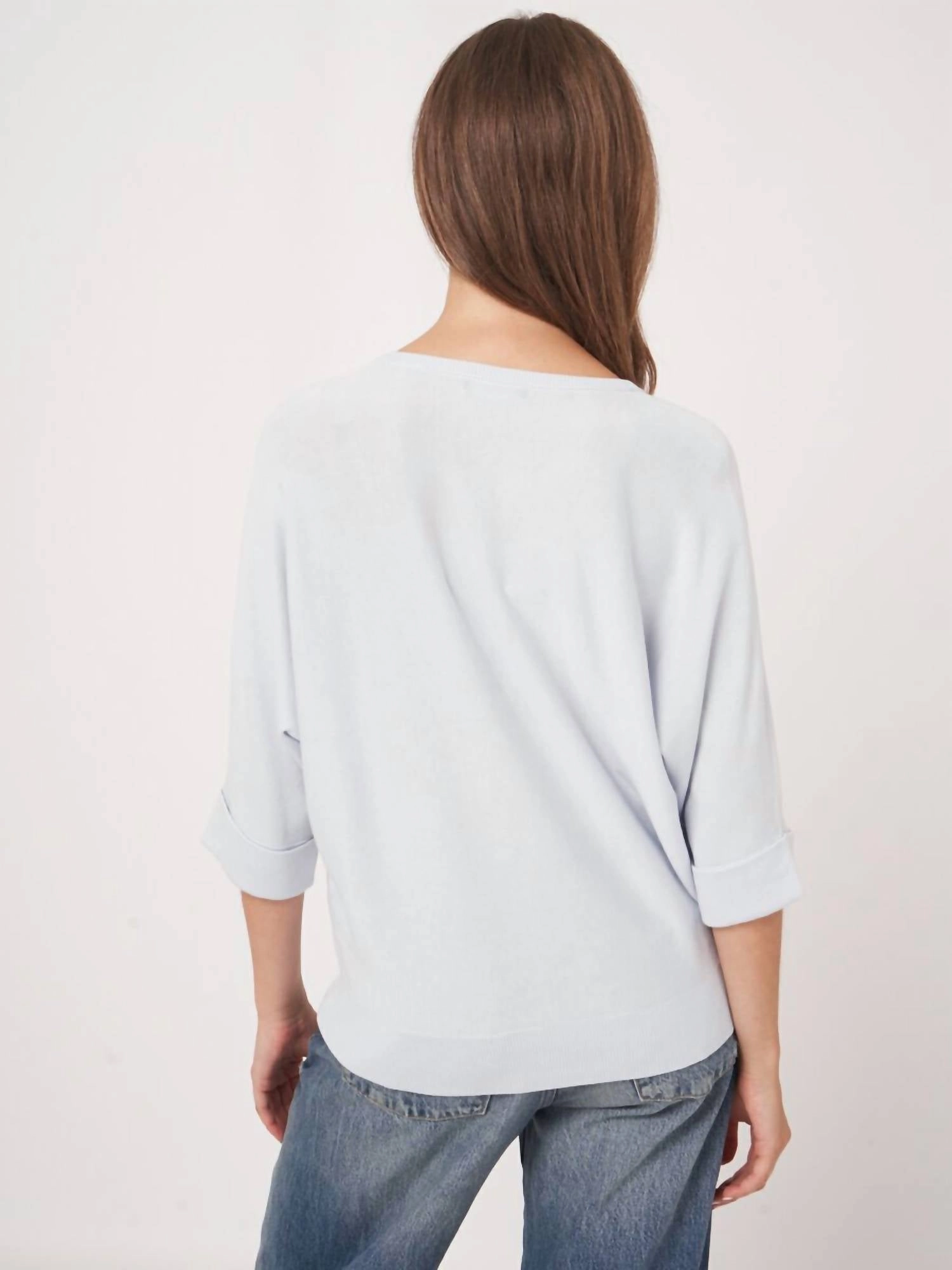 Loose Fit Cotton Blend Fine Knit Batwing Sweater In Wave