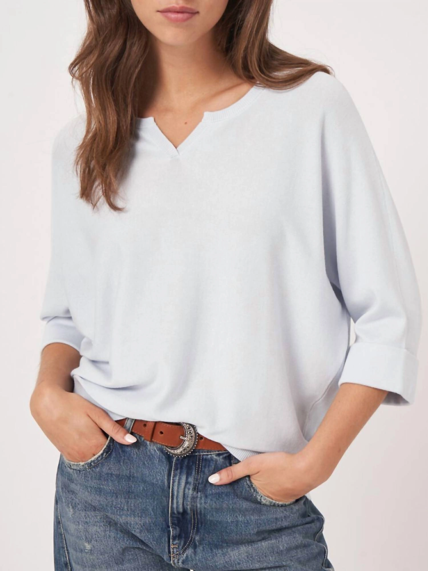 Loose Fit Cotton Blend Fine Knit Batwing Sweater In Wave