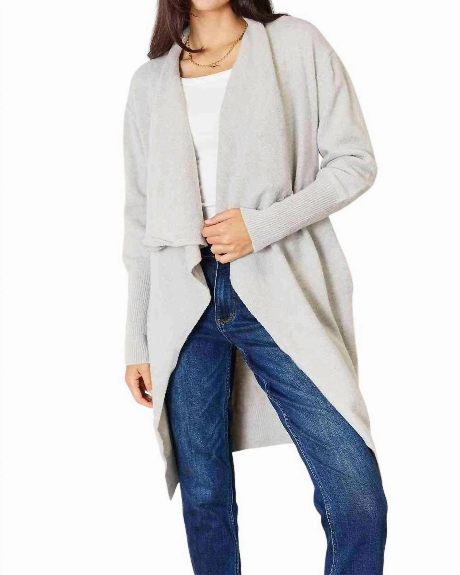 Luxurious Pocketed Duster Cardigan In Light Gray Tops Womens - high-neck blouses