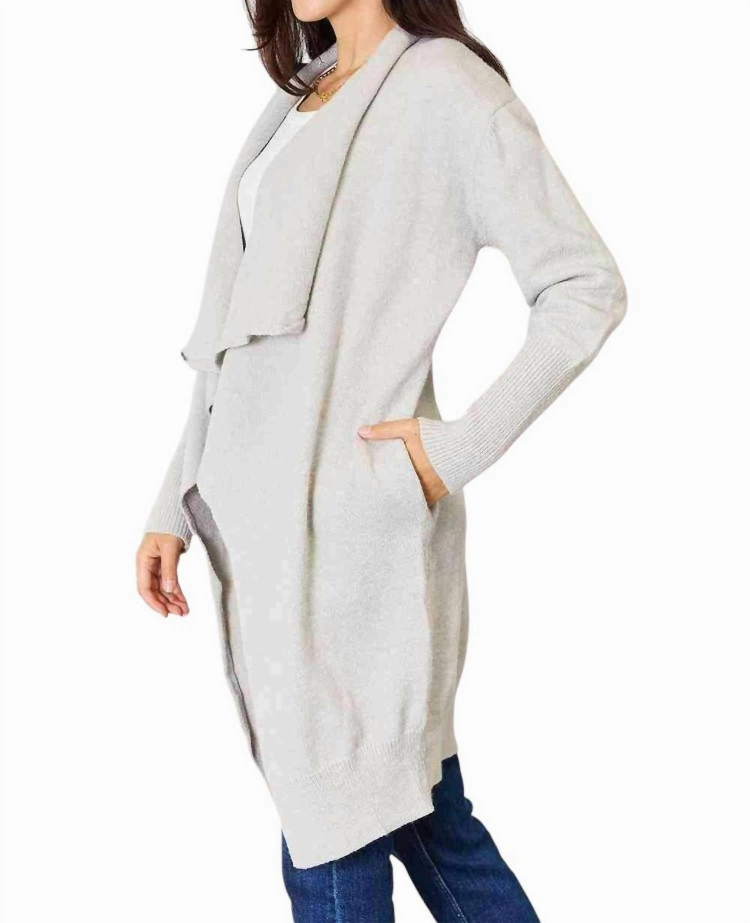 Luxurious Pocketed Duster Cardigan In Light Gray