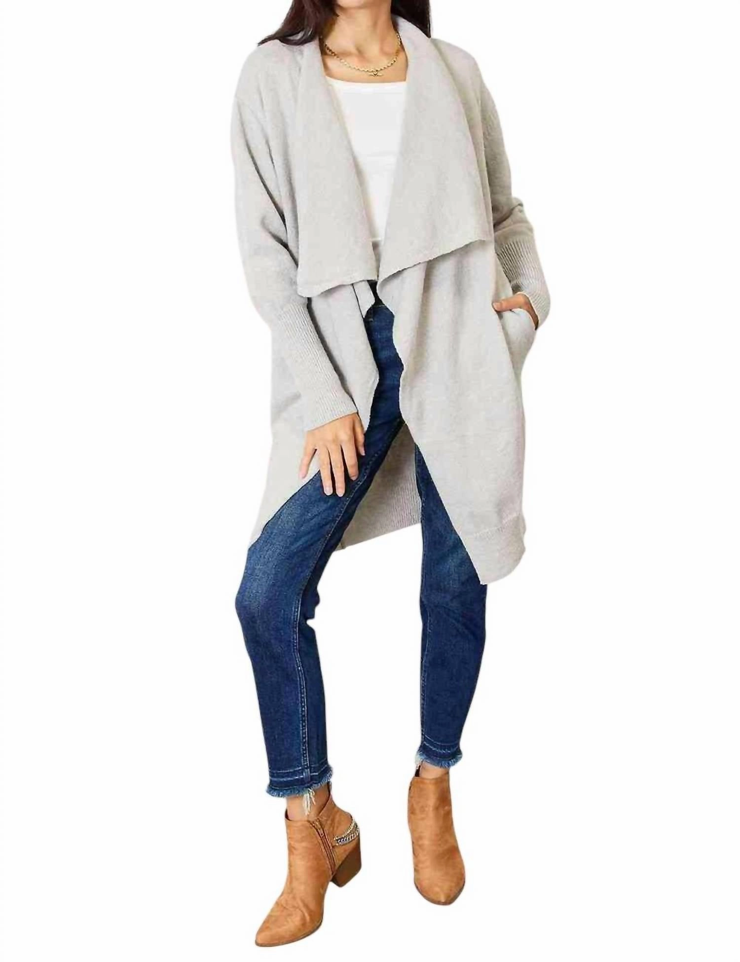 Luxurious Pocketed Duster Cardigan In Light Gray