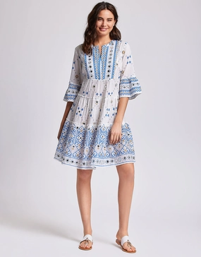 Marina 3/4 Sleeve Dress - White and Blue Swim Womens - bikinis clearance