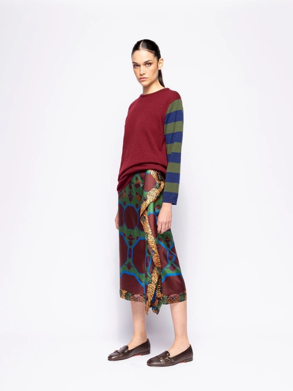 Matilda Cabernet Knitted Long-Sleeved Striped Sleeves Top