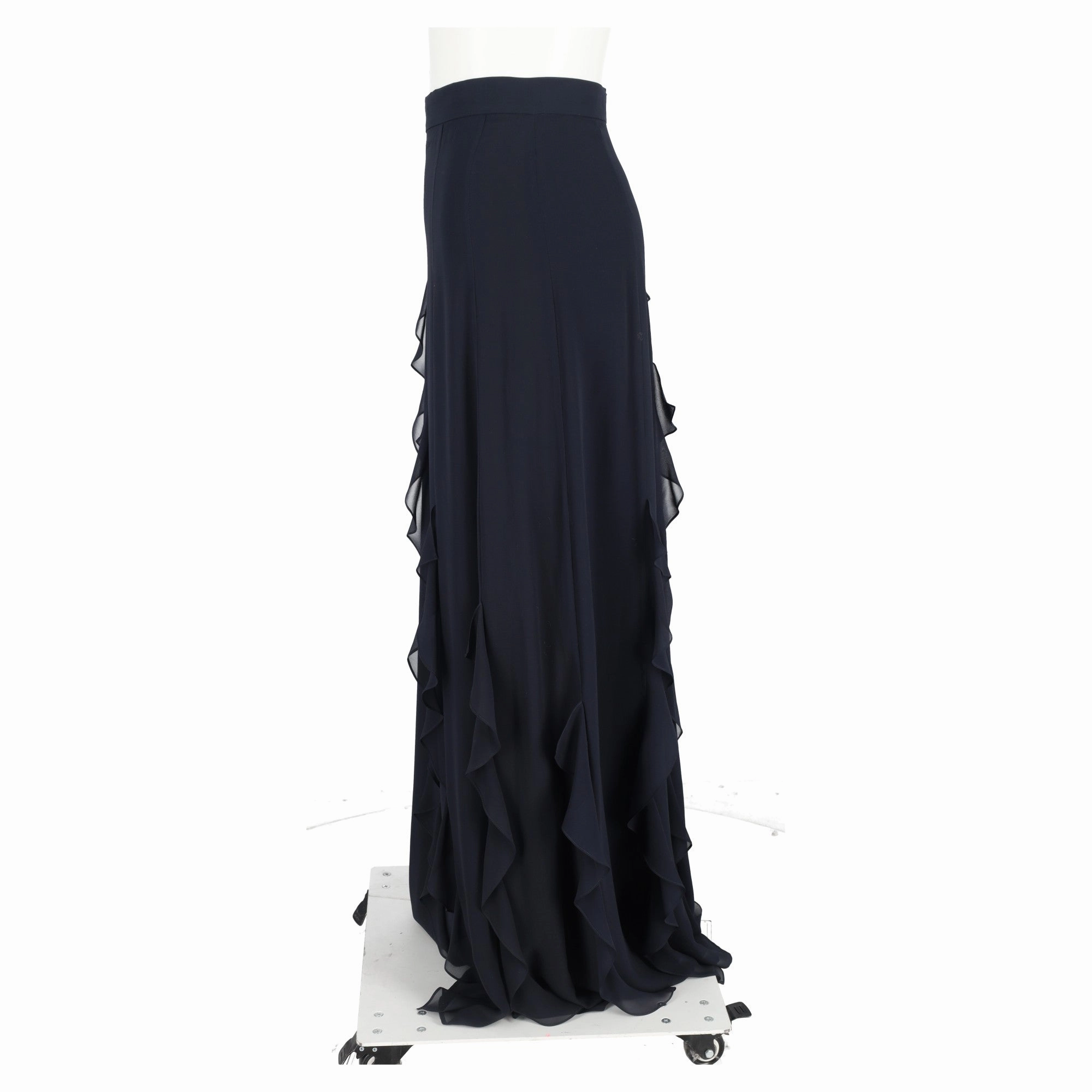 Max Mara Serafin Frilled Long Skirt in Navy Blue Silk