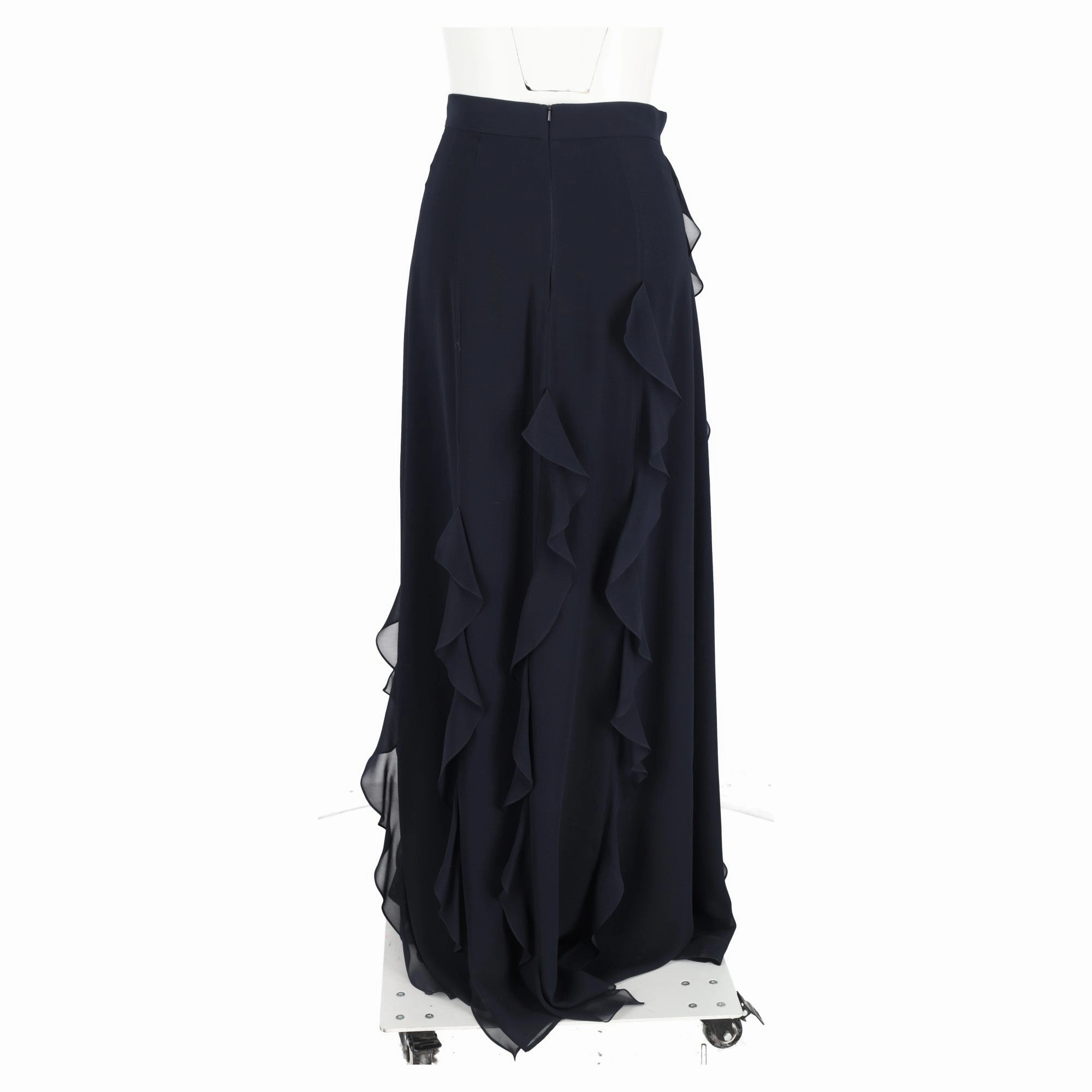 Max Mara Serafin Frilled Long Skirt in Navy Blue Silk