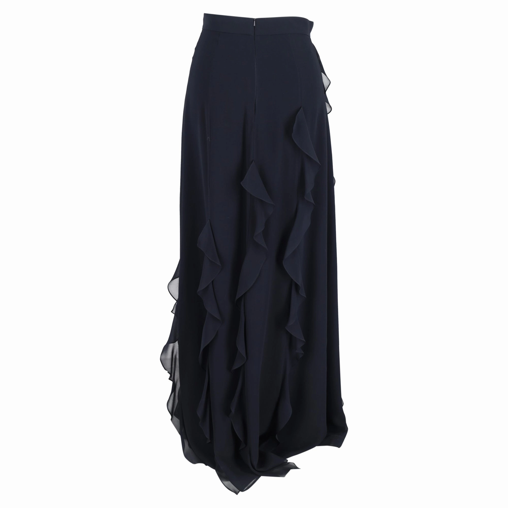 Max Mara Serafin Frilled Long Skirt in Navy Blue Silk
