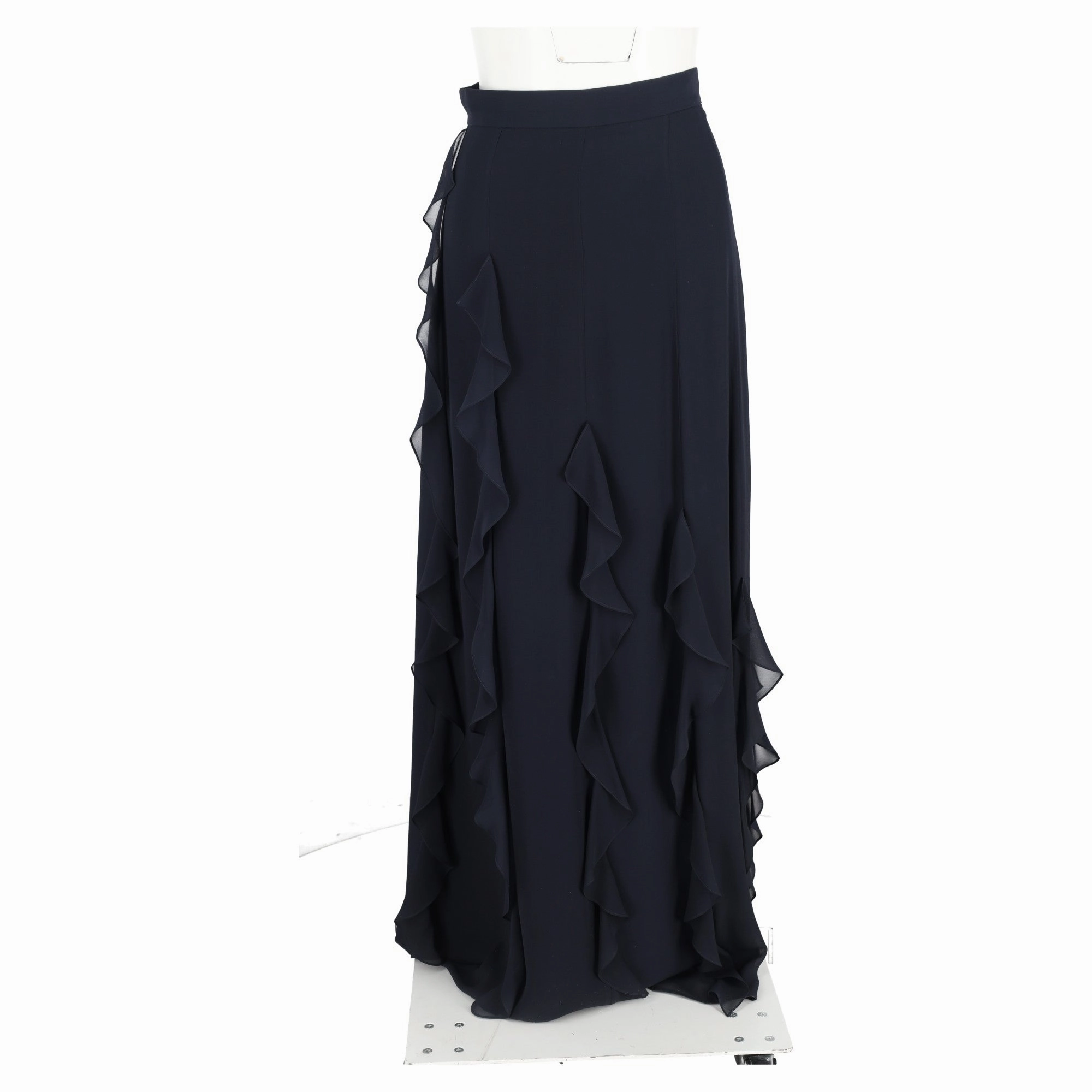 Max Mara Serafin Frilled Long Skirt in Navy Blue Silk