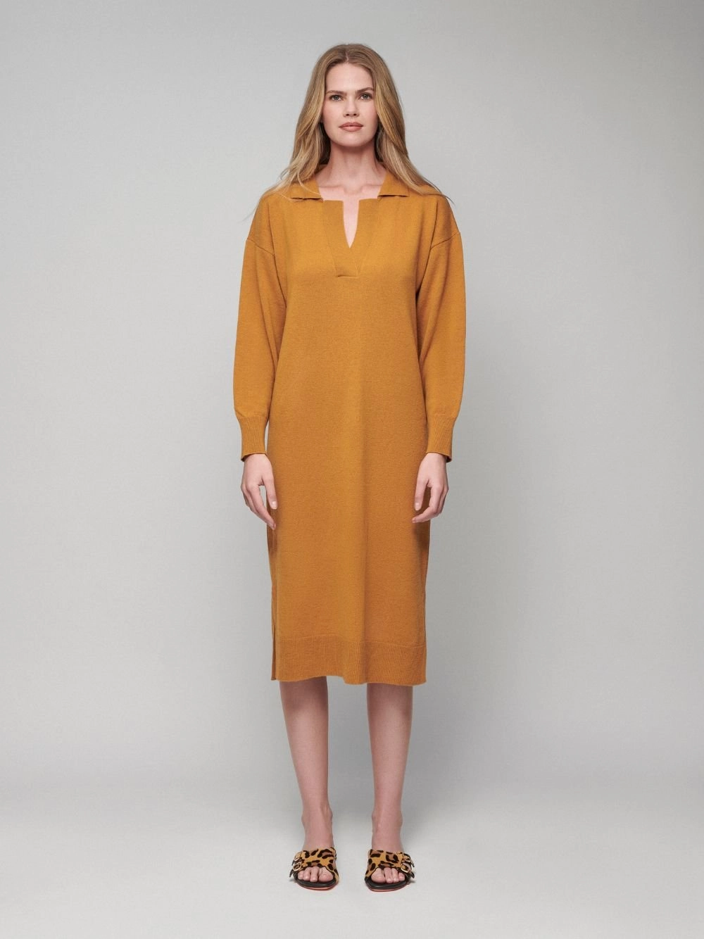 Maya Mustard V-Neck Cashmere Midi Dress Knitwear Womens - women's knitwear cheap