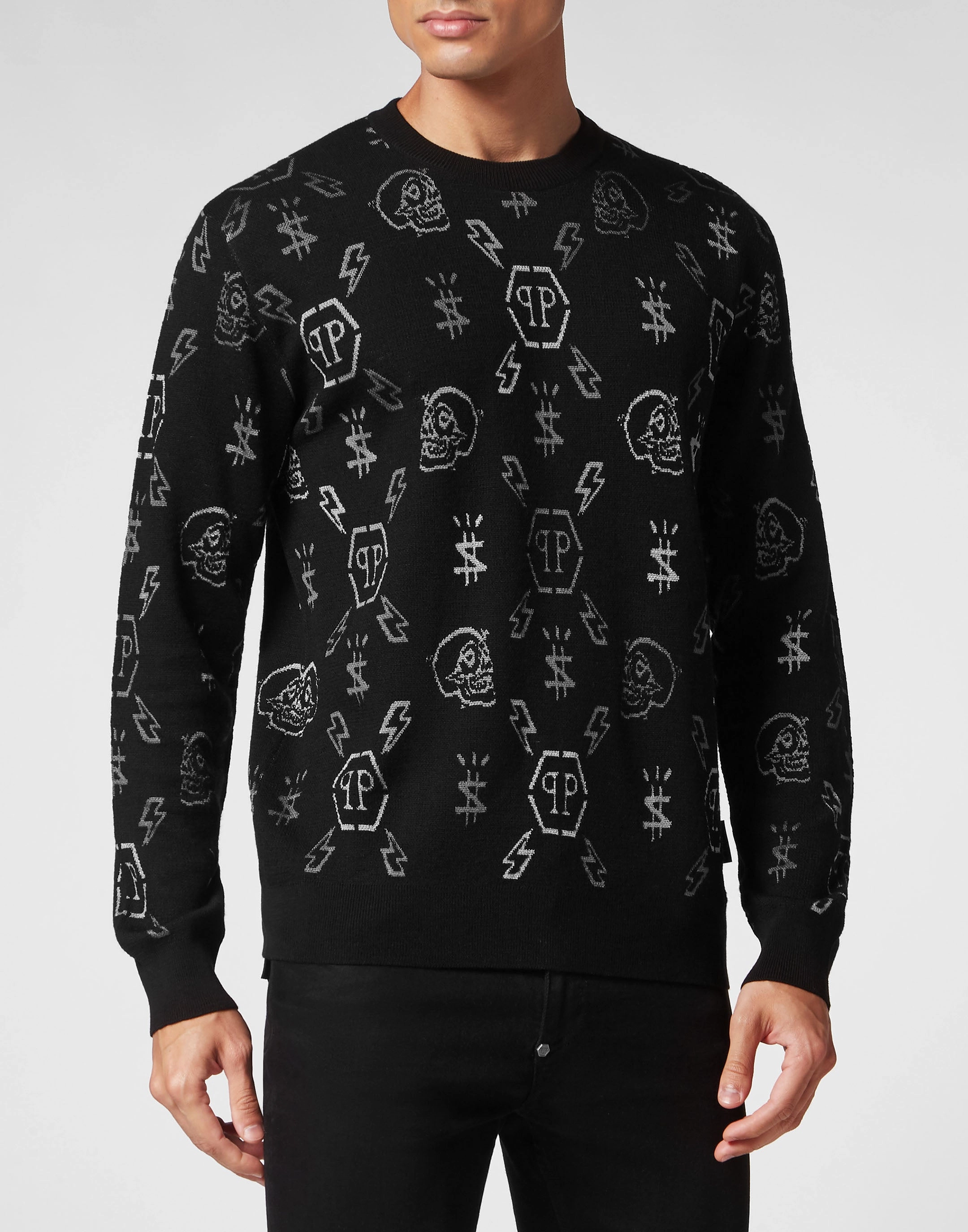 Merino wool Pullover Round Neck LS Jacquard Monogram