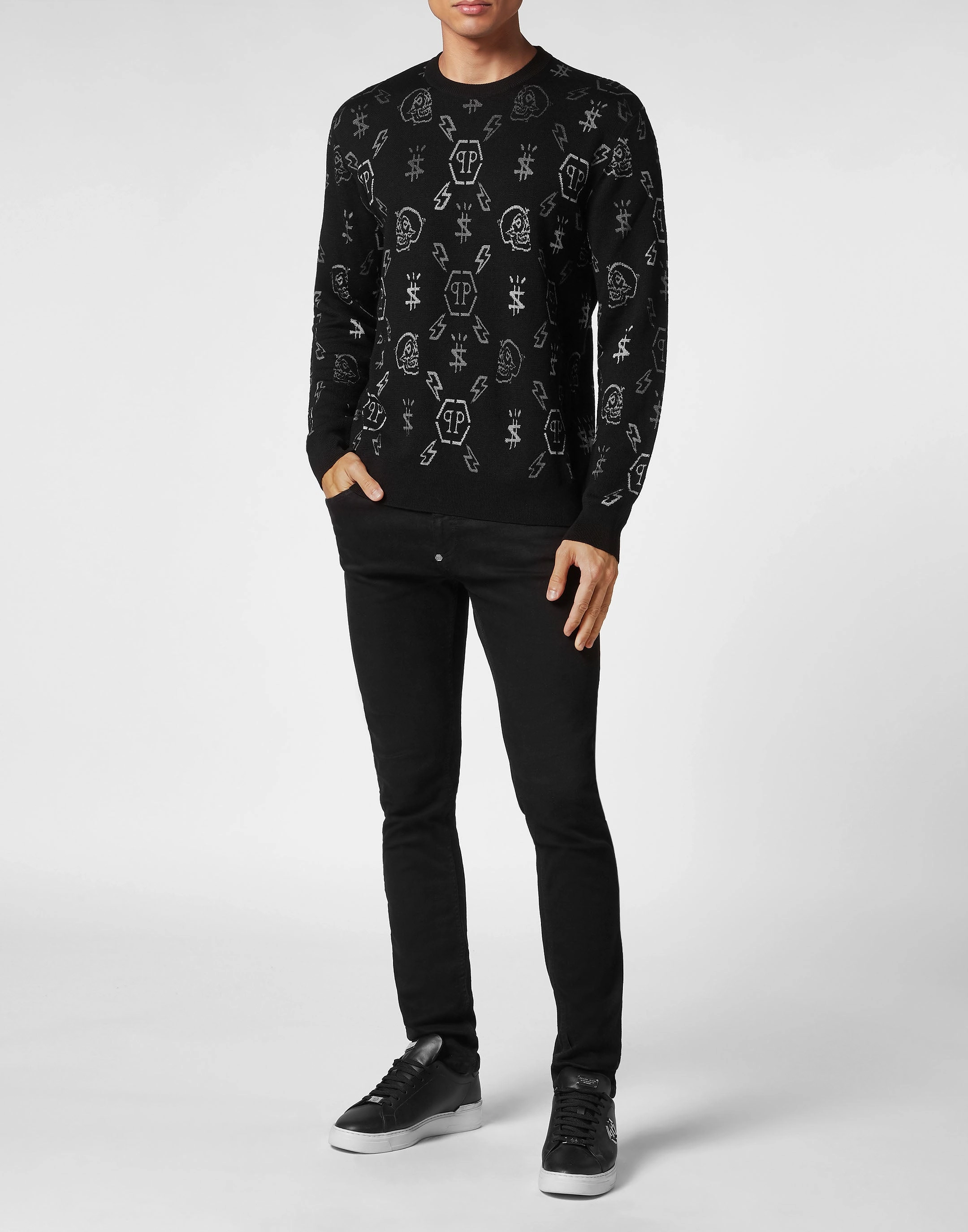 Merino wool Pullover Round Neck LS Jacquard Monogram
