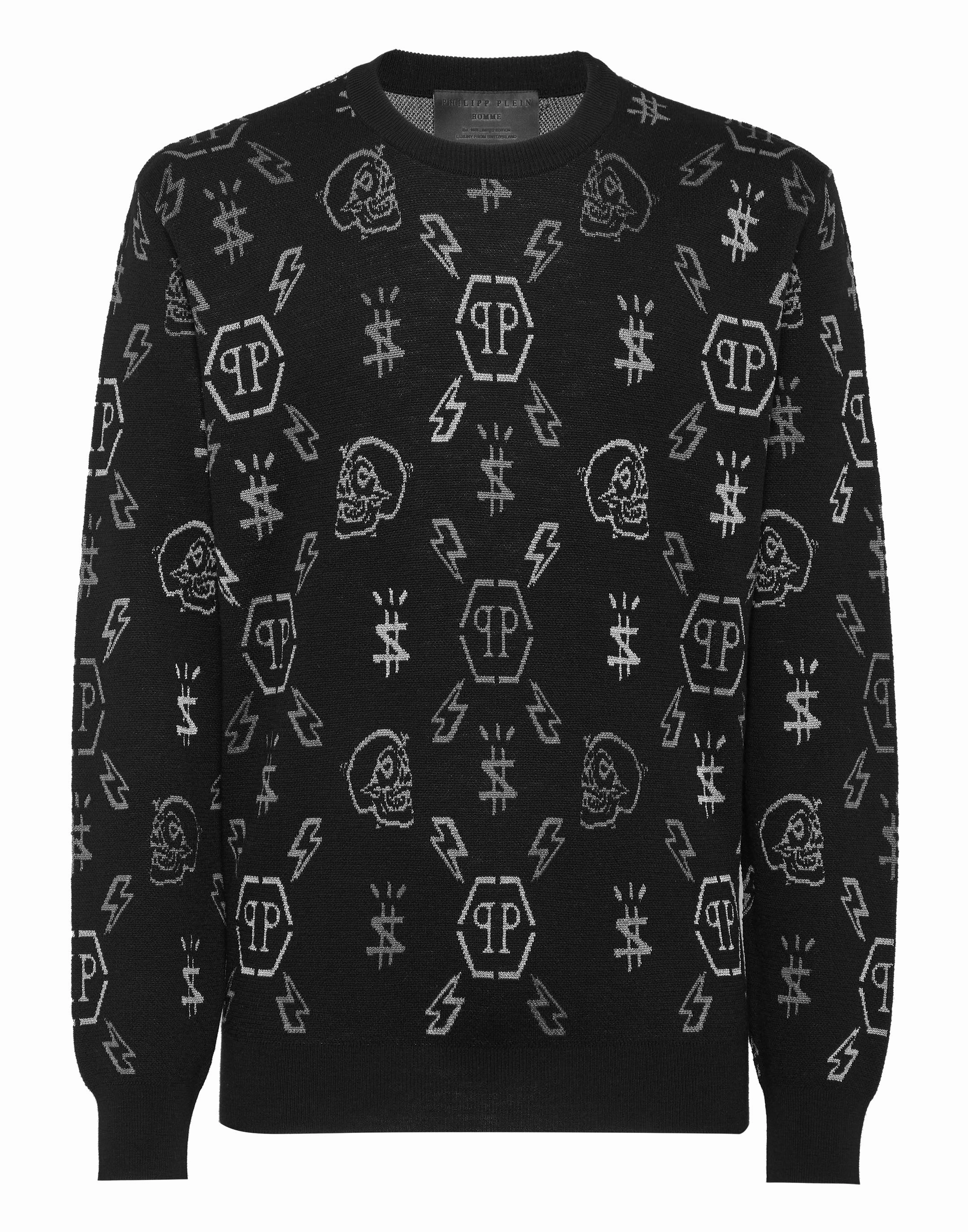 Merino wool Pullover Round Neck LS Jacquard Monogram